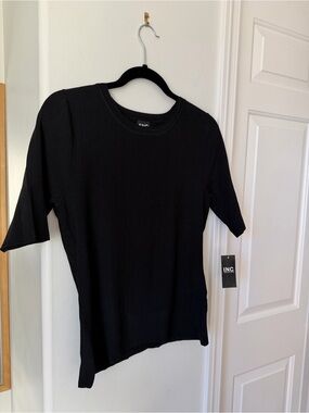 INC International Concepts - Black Ribbed Short-Sleeve Casual Classic Top Blouse
